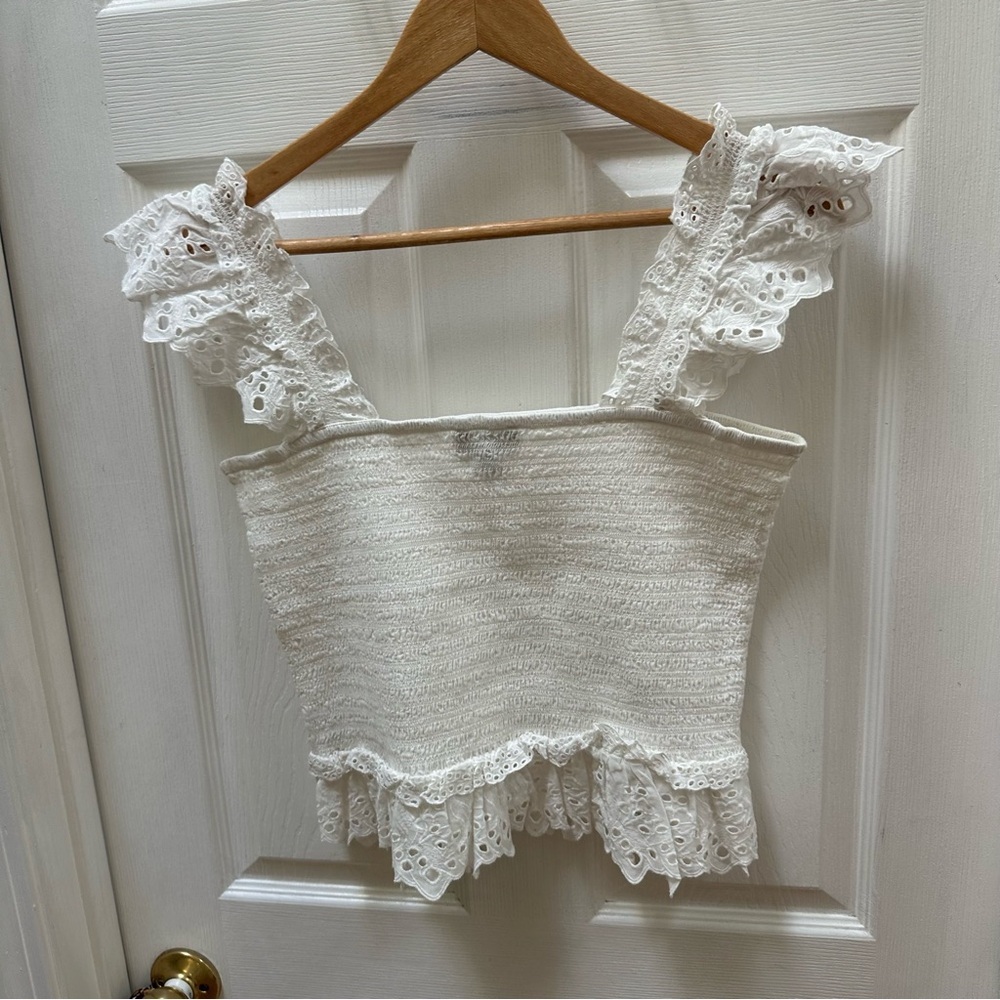ME+EM White Cotton Delicate Broderie Shirred Top smocked flare 10 tank cropped - Picture 6 of 9